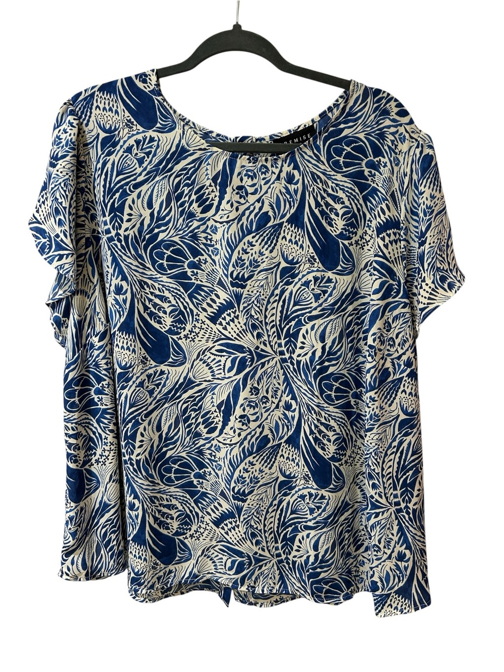 NWT Premise Navy & Cream Floral-Print Button-Back Blouse - size 3X